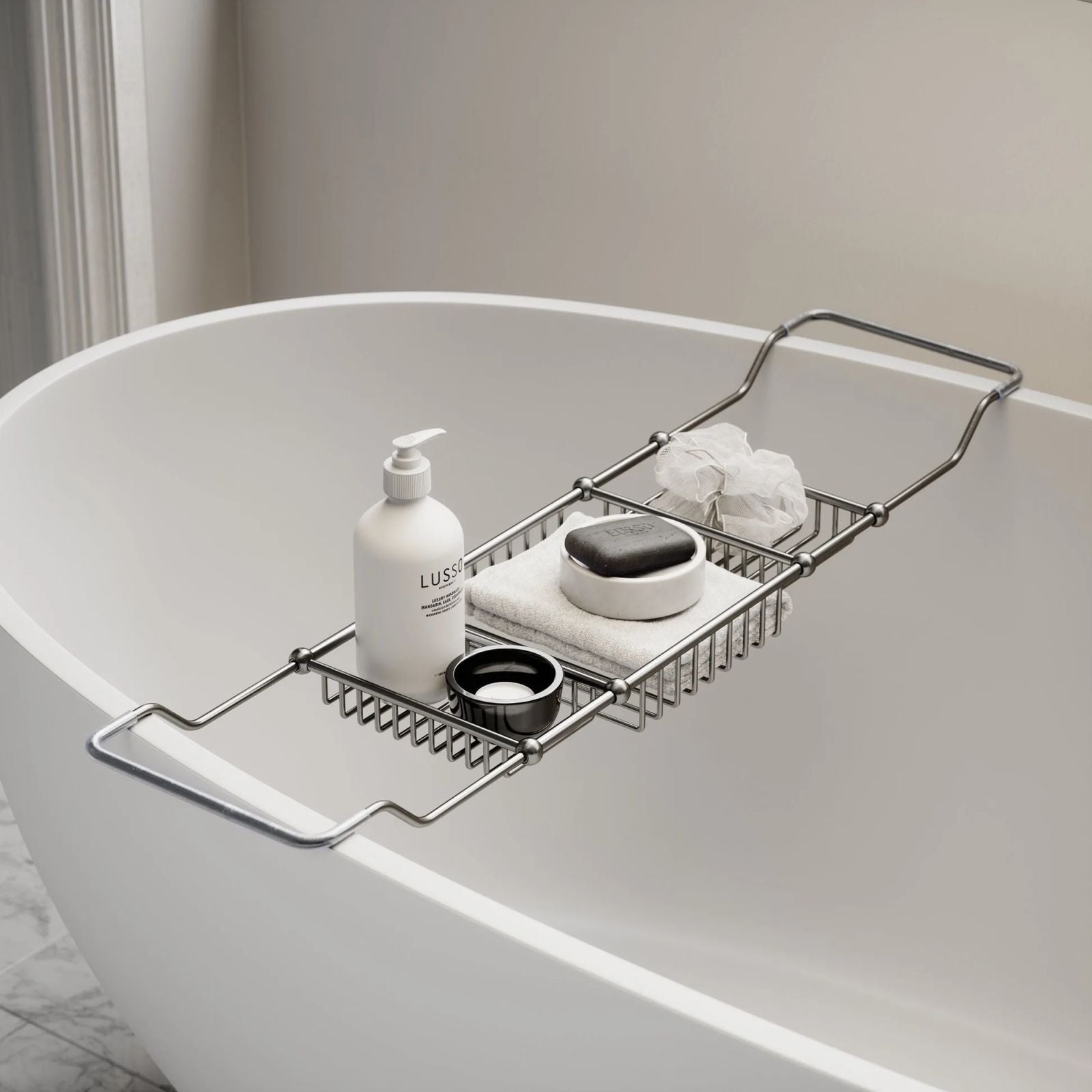 Bath caddy resting across a freestanding tub