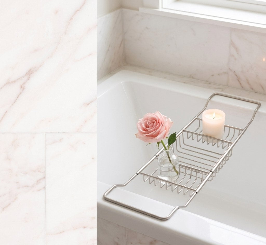 Bathtub caddy with a rose and candle on a marble tub